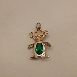14k solid gold girl charm or pendant with green birthstone